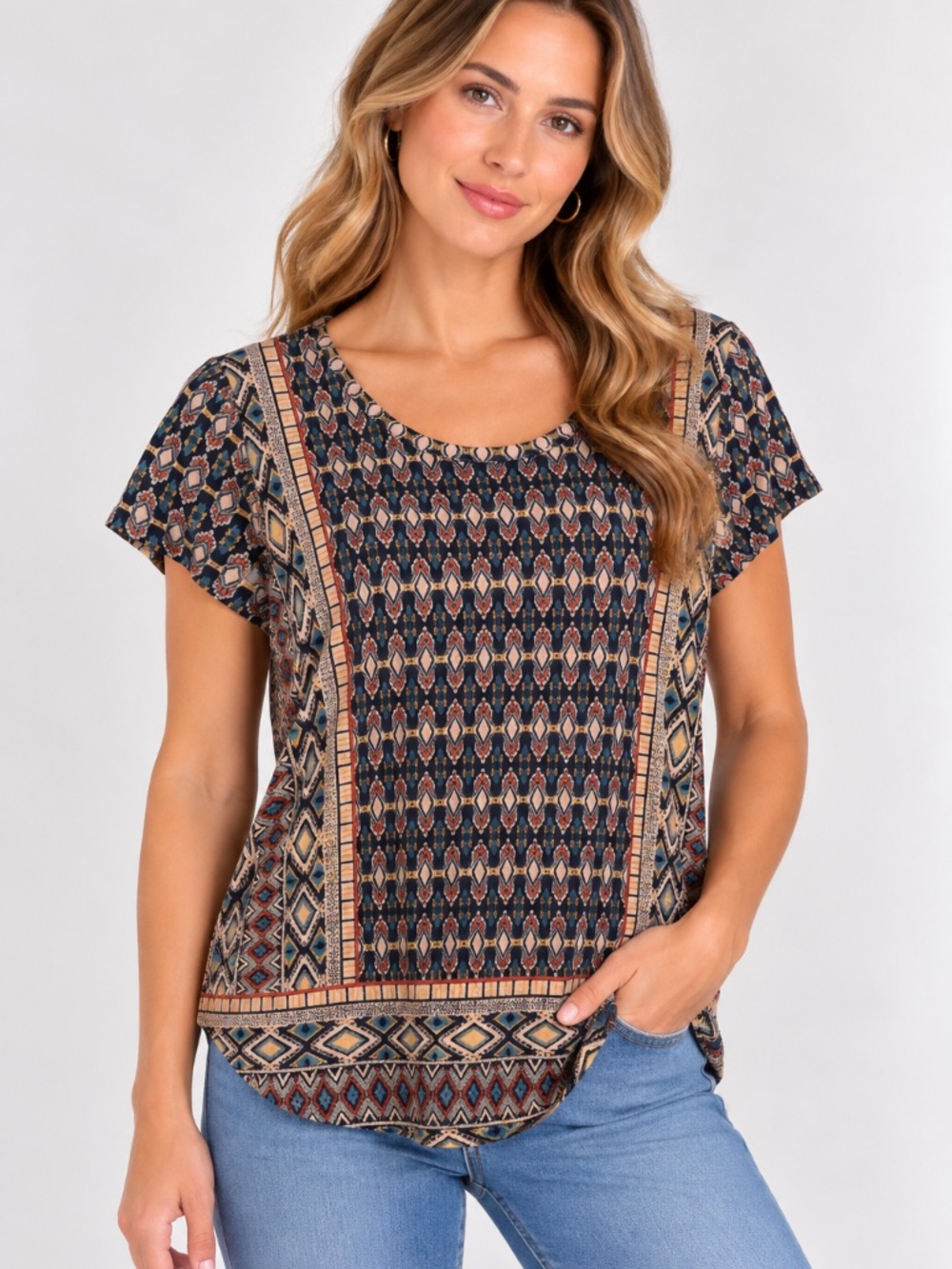 NWT Lucky Brand Women’s Boho Geometric Print Short Sleeve Shirt, size Medium